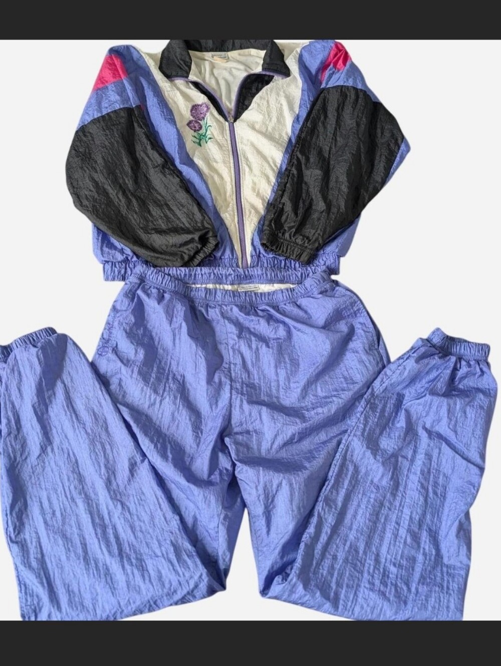 Vintage Sergio Tacchini Colorblock Nylon Tracksuit Set Thistle Floral Embroidery